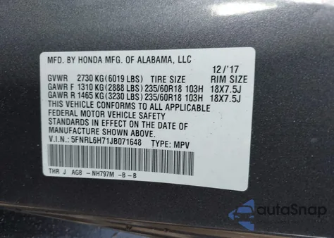 2018 Honda Odyssey Ex-L из США, поврежденный, VIN 5FNRL6H71JB071648